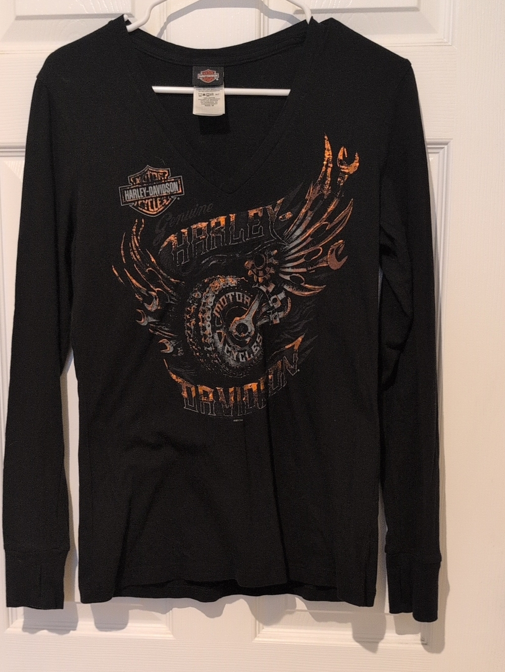 Harley-Davidson Black Long-Sleeve V-Neck Tee with Metallic Orange Graphic